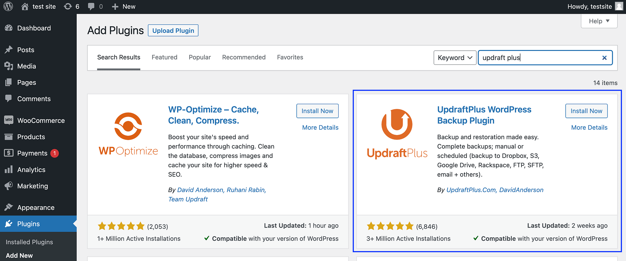 نصب افزونه پشتیبان UpdraftPlus