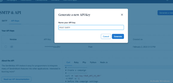 Brevo - یک کلید API جدید ایجاد کنید.