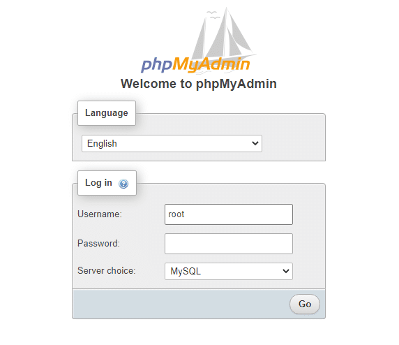 صفحه ورود به سیستم phpMyAdmin برای سرور MySQL