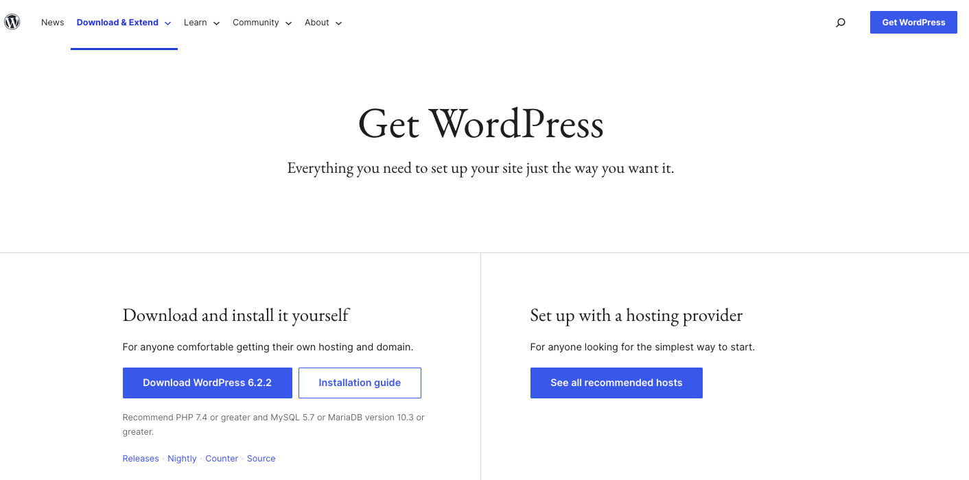 صفحه دانلود WordPress.org دو گزینه دانلود وردپرس را نشان می دهد.