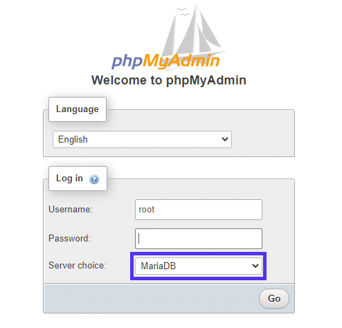 صفحه ورود به سیستم phpMyAdmin برای سرور MariaDB